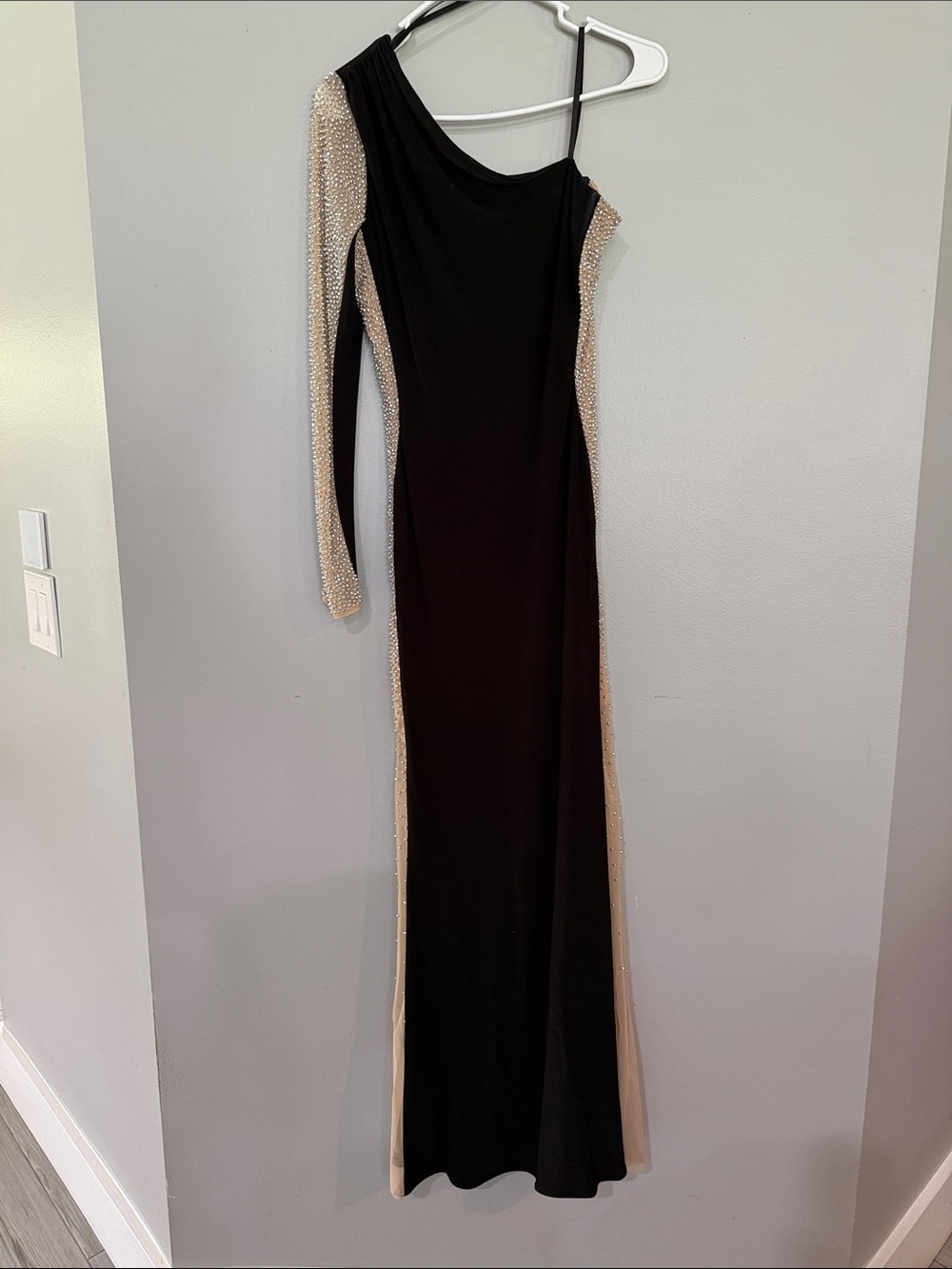 Xscape Black One-Shoulder Evening Gown with Nude Crystal Accents